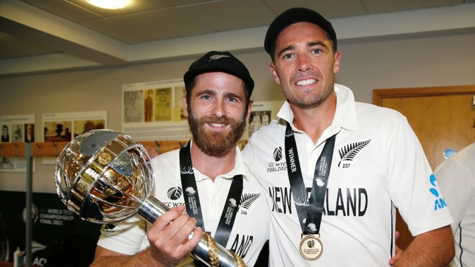 Kane Williamson and Tim Southee with the World Test Championship mace after victory over India in 2021. Photo / Photosport