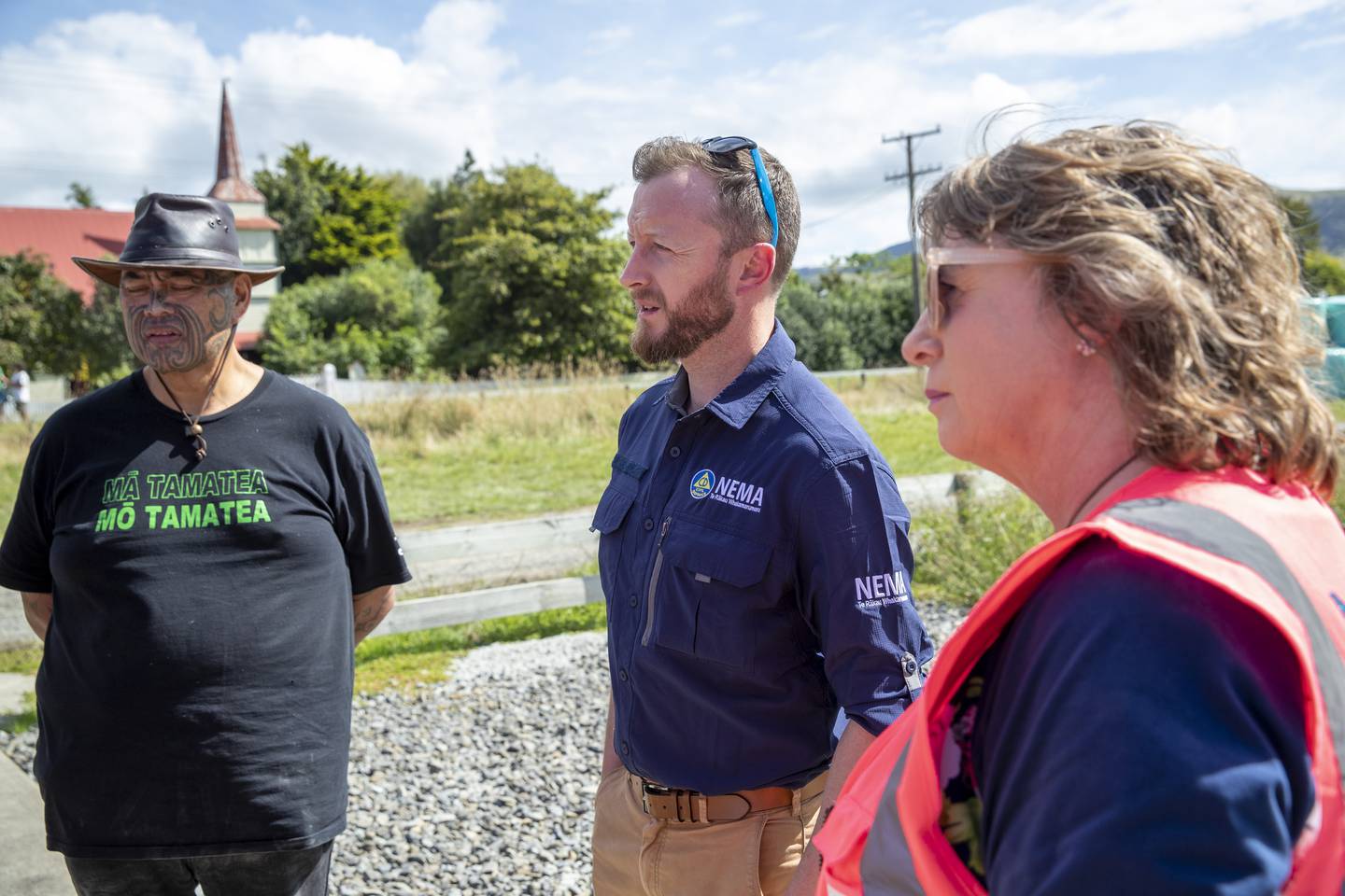 Emergency Management Minister Kieran McAnulty and Tararua District mayor Tracey Collis speaking with locals during their vist to Pōrangahau last week. Photo / Mark Mitchell