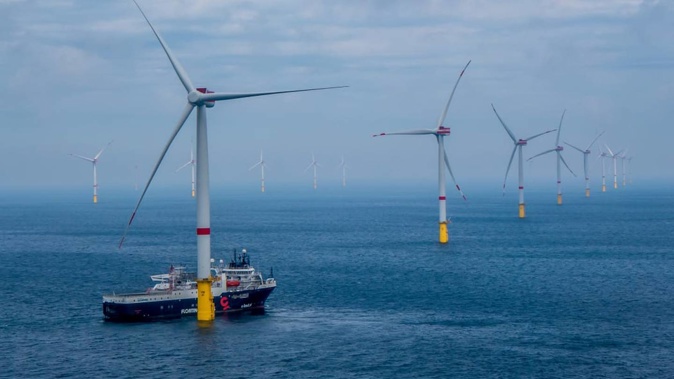 The Veja Mate fixed bottom offshore wind farm in Germany, developed by Copenhagen Infrastructure Partners, which wants to build a one gigawatt windfarm off the coast of South Taranaki in collaboration with the NZ Super Fund. Photo: Supplied / Port Taranaki