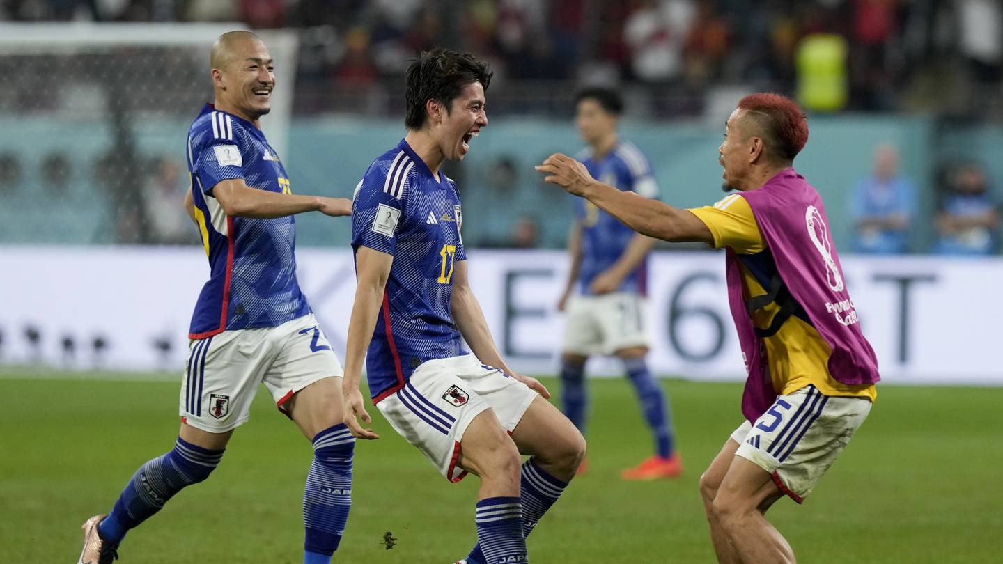 Japan's Ao Tanaka celebrates scoring his side's second goal against Spain. Photo / AP