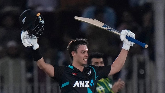 The Black Caps' Mark Chapman celebrates after scoring his century. Photo / AP