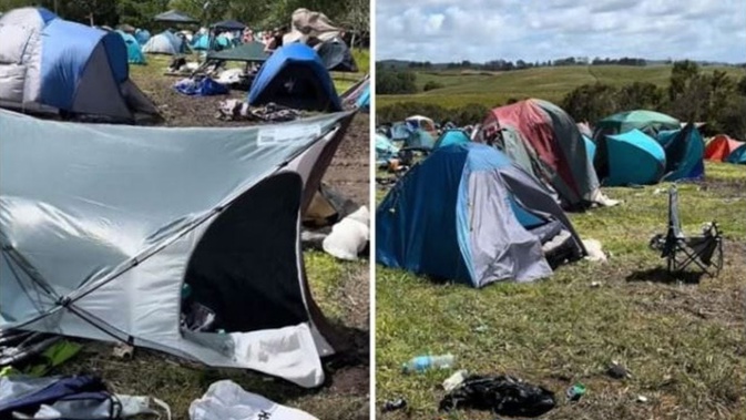 A montage of pictures showing the tents and debris left behind after the 2023/2024 Northern Bass music festival in Mangawhai, Northland. Photo / via RNZ