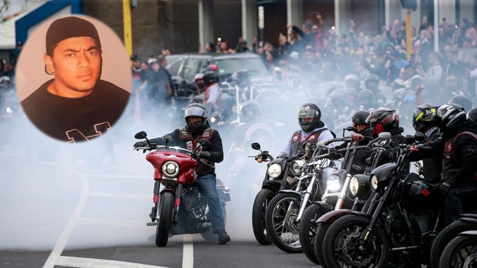 More than 300 mourners attended the funeral of Taranaki 'Ardie' Fuimaono, inset, a Head Hunters gang member who died in police custody in June 2021. Image / NZME