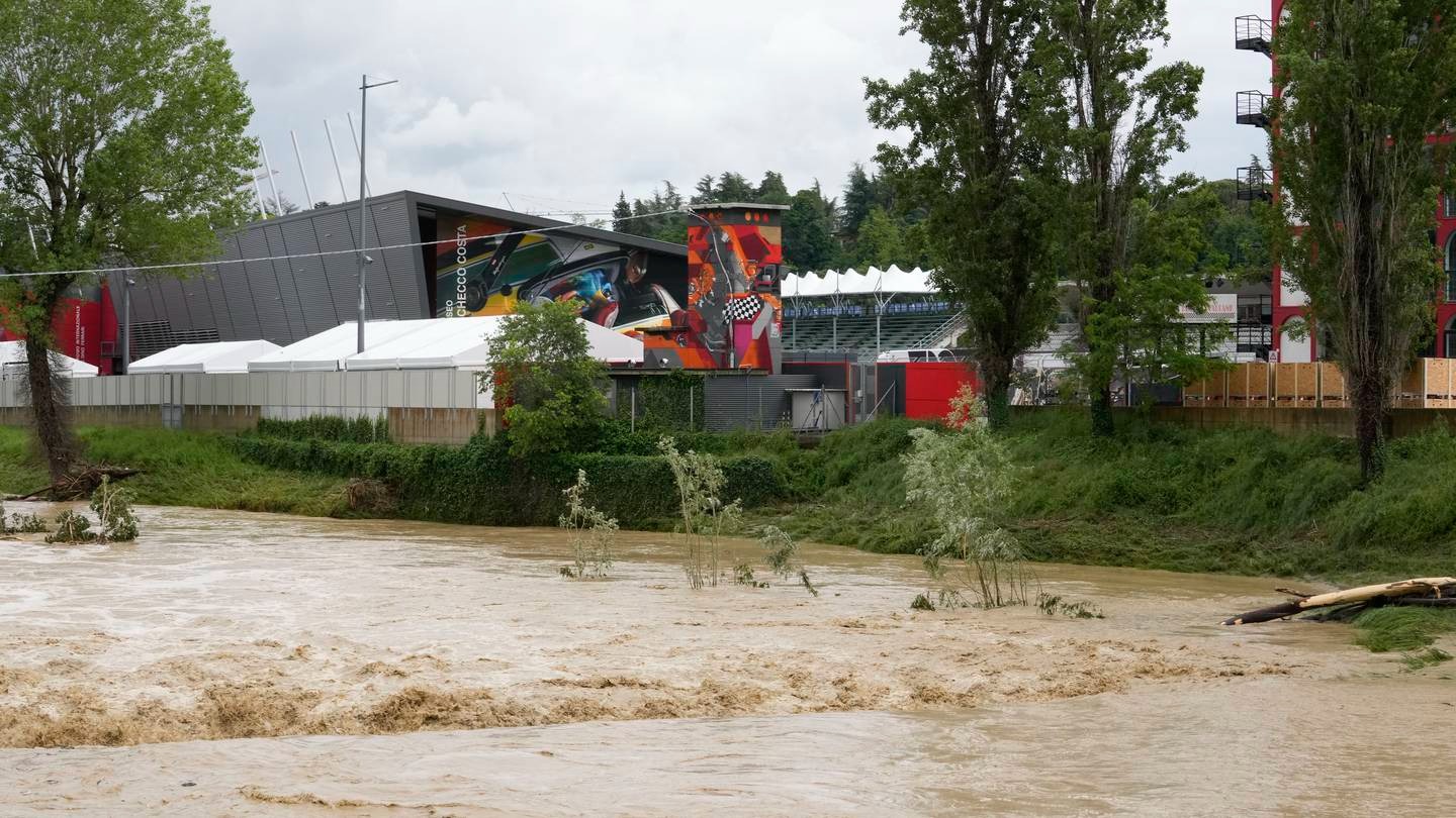 A view of the swollen Santerno River with behind the Enzo e Dino Ferrari circuit, in Imola. Photo / AP