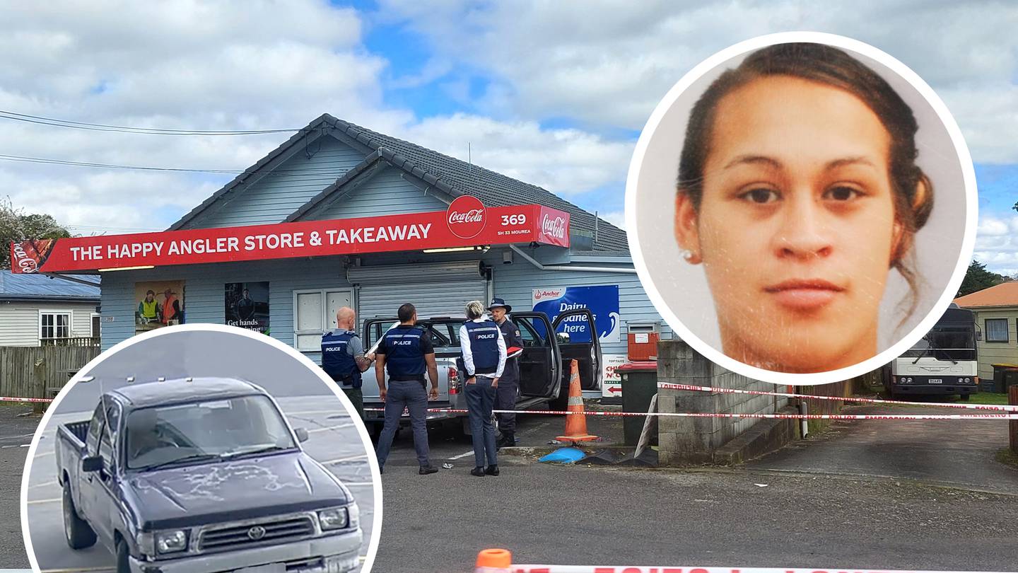 Police examine a ute outside The Happy Angler Store & Takeaway after Korrey Whyman (inset) was found shot in September. Photo / NZME