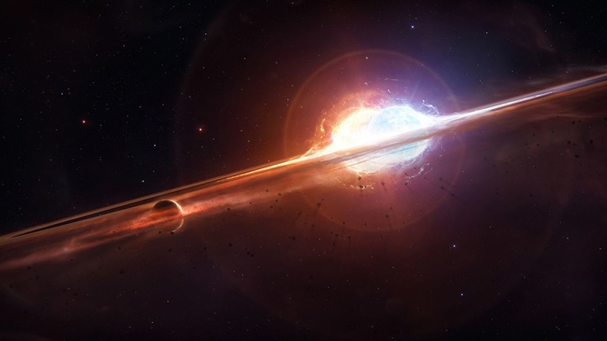 A "hot Jupiter" exoplanet named Halla may have orbited two stars at one time. Interactions between the two stars may have helped Halla survive a stellar outburst.