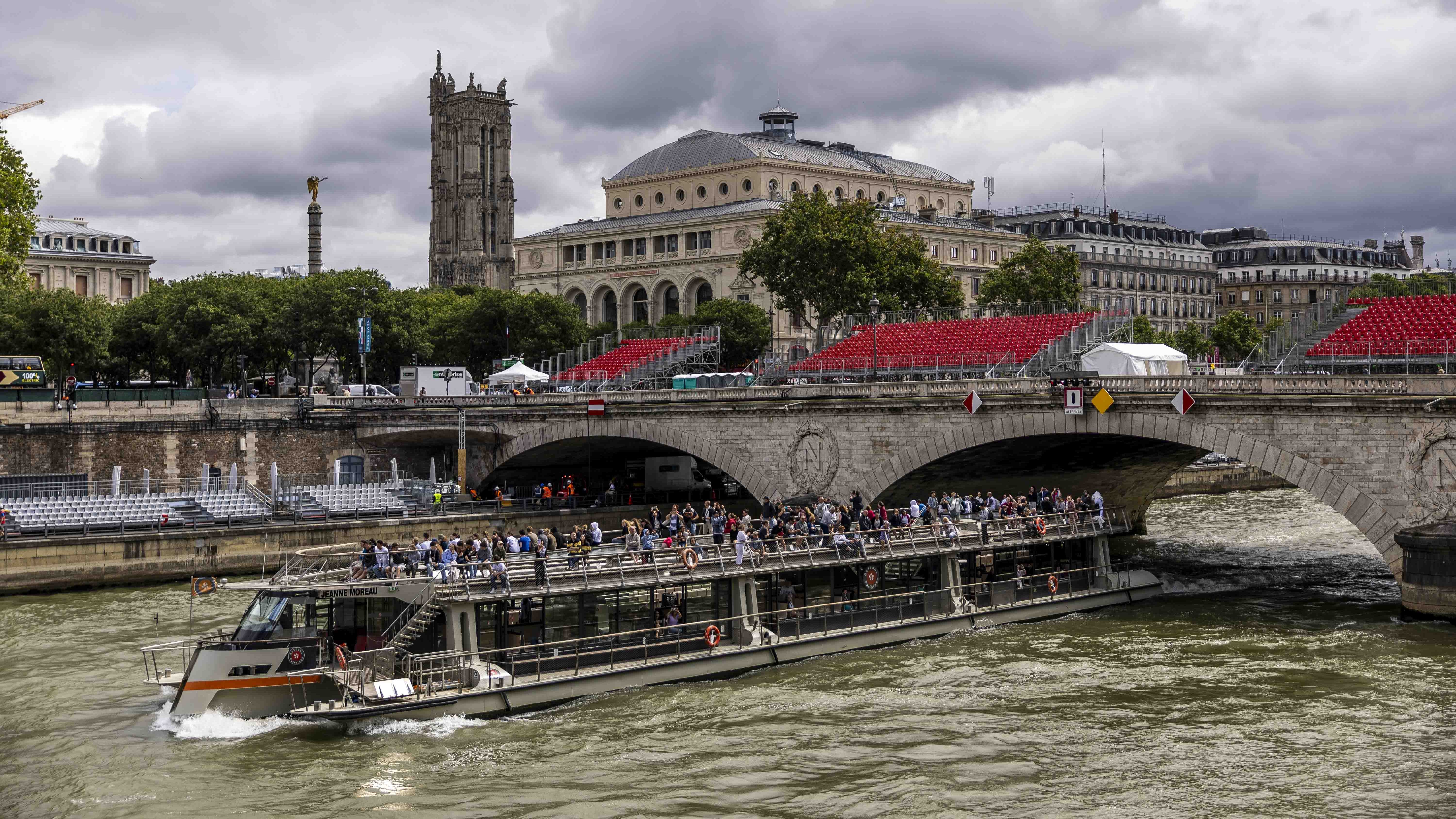  Stands are seen set for opening ceremony along Seine river a on July 15, 2024 in Paris, France. (Photo by Maja Hitij/Getty Images)