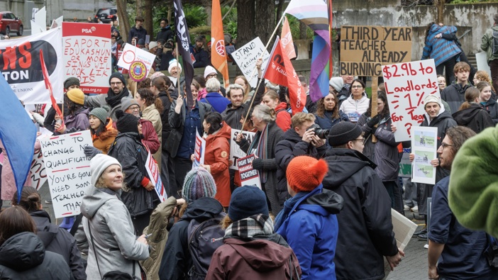 Striking teachers during their protest outside Parliament, Wellington, 20 August, 2025. Photo / Mark Mitchell