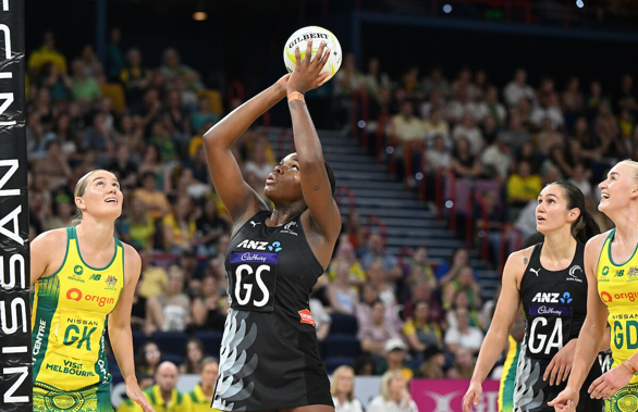 Grace Nweke of New Zealand shoots for goal during the Constellation Cup 2023 netball match between Australia and New Zealand. Photosport