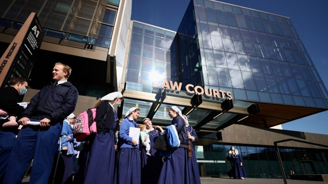 Members of Gloriavale at court in Christchurc during the Employment Court case. Photo / George Heard