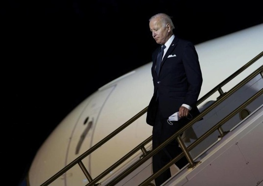 President Joe Biden walks down the steps of Air Force One. Photo / AP