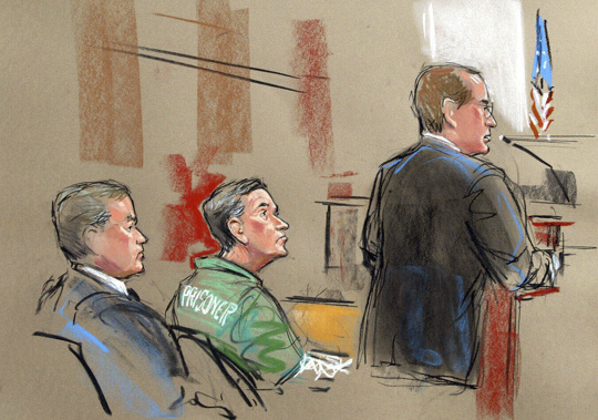 In this artist depiction, U.S. Attorney Randy Bellows, right, addresses the court during the sentencing of convicted spy Robert Hanssen, centre, seen with his attorney Plato Cacheris, left, at the federal courthouse in Alexandria, Va., May 10, 2002. Photo / William Hennessy, Jr via P