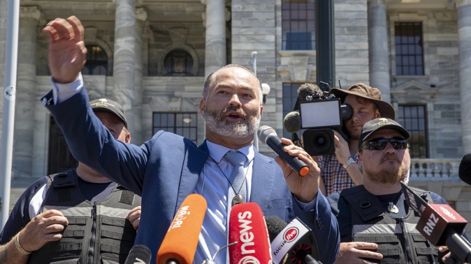 Former Advance NZ candidate Billy Te Kahika at a rally outside Parliament in January 2021. Te Kahika is now on trial for electoral fraud. Photo / Mark Mitchell