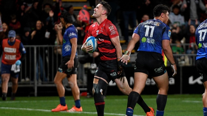Will Jordan of the Crusaders celebrates his try during the Super Rugby Pacific semifinal against the Blues. Photo / Photosport