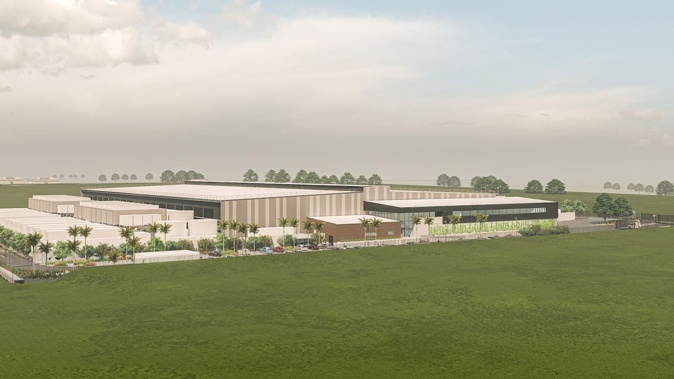 An artist render of the 40 megawatt data centre Spark will build on the Dairy Flat Surf Park development. The 10MW first stage will take around 18 months to contruct. Render / Spark