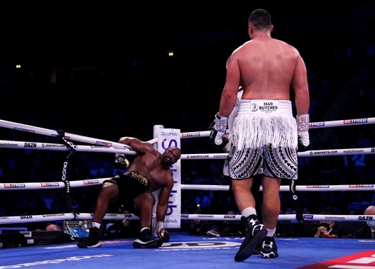 Joseph Parker looks on as Derek Chisora attempts to get back up during their fight. Photo / Getty 