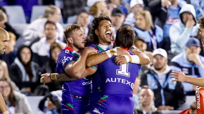 Dallin Watene-Zelezniak celebrates scoring against the Sharks. Photo / Photosport