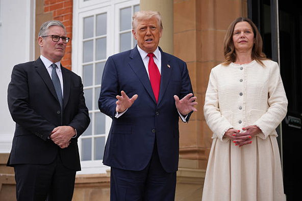 President Donald Trump gestures as he meets with British Prime Minister Keir Starmer (L) and his wife Victoria Starmer at Trump Turnberry golf club on July 28, 2025 in Turnberry, Scotland. U.S. President Donald Trump is visiting his Trump Turnberry golf course, as well as Trump International Golf Links in Aberdeenshire, during a brief visit to Scotland from July 25 to 29. (Photo by Christopher Furlong/Getty Images)