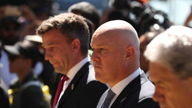 Prime Minister Christopher Luxon with Act leader David Seymour and NZ First leader Winston Peters. Photo / Michael Cunningham