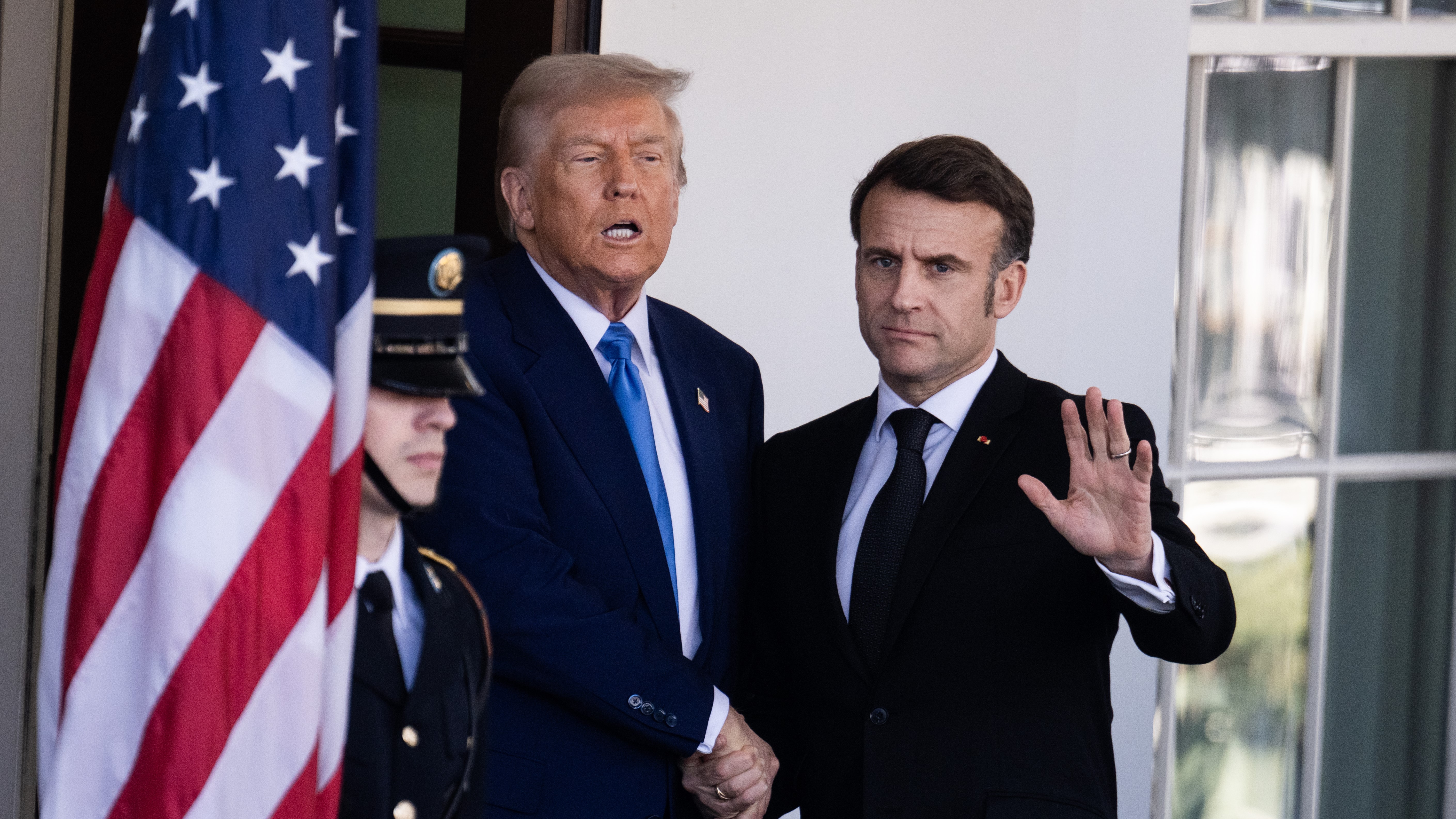 President Donald Trump and French President Emmanuel Macron take questions from reporters at the White House before a joint news conference, on Monday, February 24, 2025. (Tom Williams/CQ-Roll Call, Inc via Getty Images)