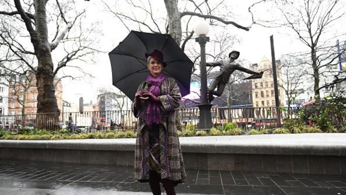 Patricia Kelly at the unveiling of a bronze statue of her late husband, Singing' in the Rain star Gene Kelly, in London's Leicester Square in 2020. Photo / Getty Images