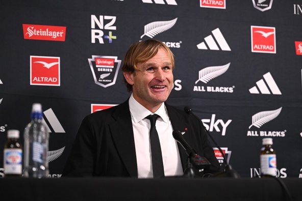 Scott Robertson speaks to media after the All Blacks' victory over England in Dunedin. Photo / Getty Images
