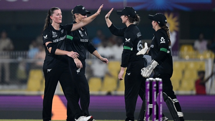 Rosemary Mair of New Zealand celebrates with team mate Brooke Halliday after taking the wicket of Nahida Akter of Bangladesh (not pictured) during the ICC Women's Cricket World Cup India 2025 match between New Zealand and Bangladesh at Barsapara Cricket Stadium on October 10, 2025 in Guwahati, India. (Photo by Prakash Singh/Getty Images)