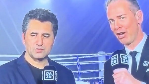 Cliff Curtis was interviewed by Andrew Gourdie during the David Nyika v Tommy Karpency fight at Viaduct Events Centre last Saturday and broadcast by DAZN. Photo / TikTok, @polareats