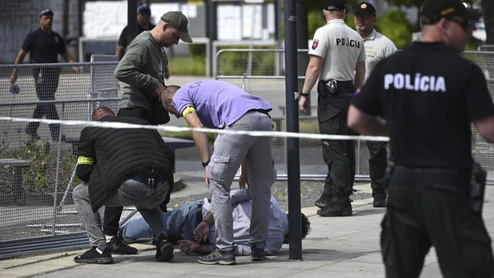 Police arrest a man after Slovak Prime Minister Robert Fico was shot and injured following the cabinet's away-from-home session in the town of Handlova, Slovakia, Wednesday, May 15, 2024. Photo / Radovan Stoklasa/TASR via AP