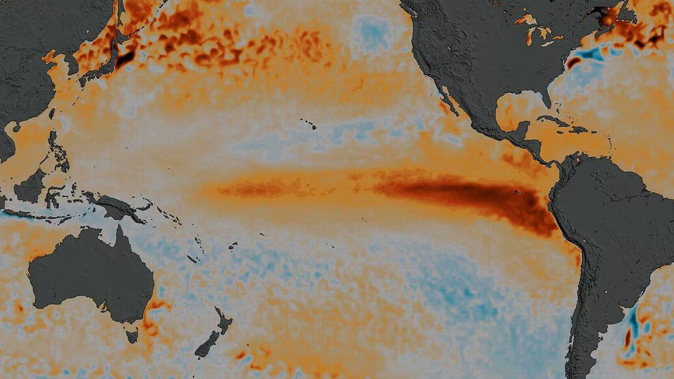 While El Nino has formed - as shown by this map of current ocean temperatures - the western Pacific is still running unusually warm. A forecaster says that could have implications for New Zealand. Image / Niwa