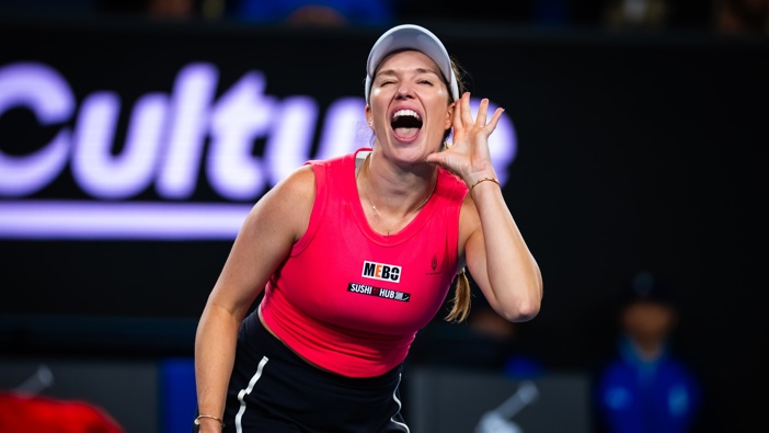 Danielle Collins of the United States provokes the crowd after defeating Destanee Aiava of Australia in the second round on Day 5 of the 2025 Australian Open at Melbourne Park on January 16, 2025 in Melbourne, Australia (Photo by Robert Prange/Getty Images)