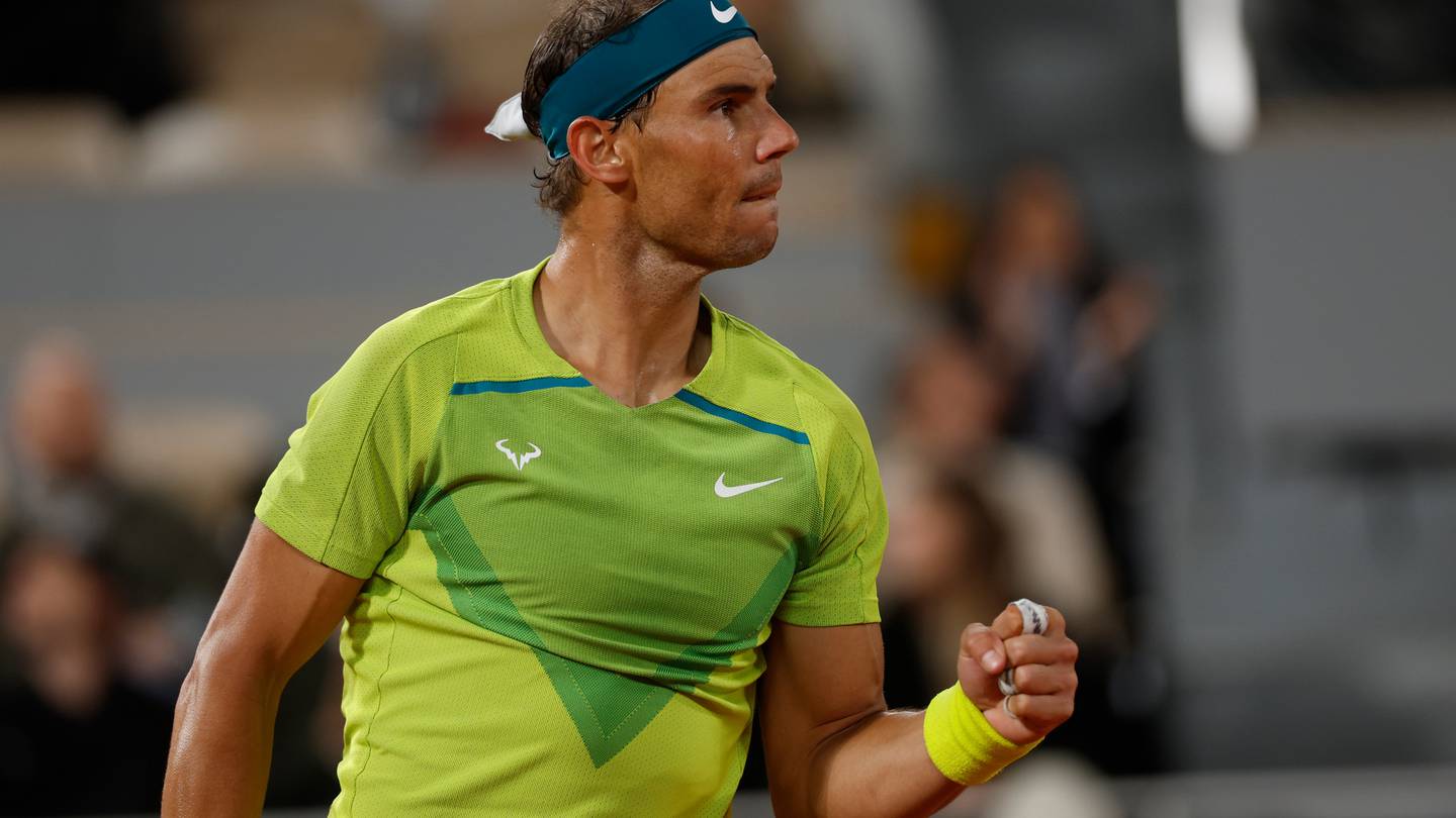 Spain's Rafael Nadal celebrates winning a point as he plays Serbia's Novak Djokovic during their quarterfinal match of the French Open. Photo / AP