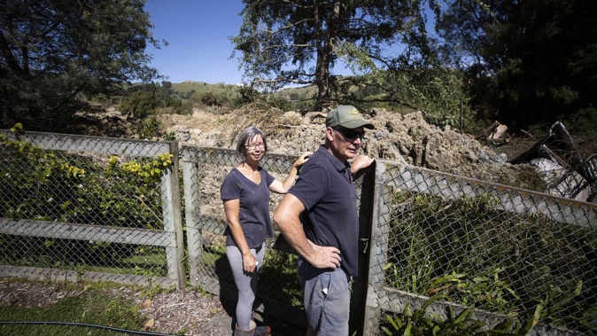A large slip came very close to Clive and Helen Foster's home on Taurau Valley Rd near Gisborne - they expect to live in their caravan for a year. Photo / George Heard