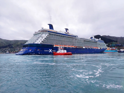 Celebrity Eclipse is piloted into Lyttelton Harbour as the first arrival at the new cruise wharf and largest ship since the 2011 rebuild. Photo / Supplied