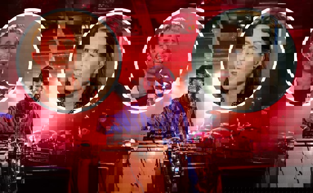 DJ Messie with Fred Again, inset left (Getty Images) and Brooke van Velden. Image / NZ Herald composite.