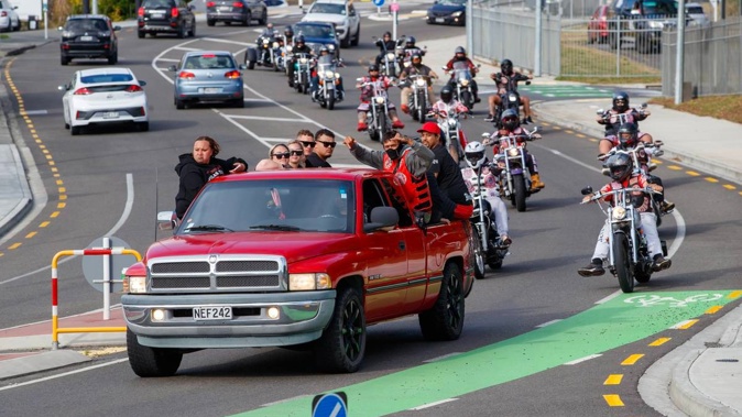A gang funeral procession for Mongrel Mob member Nick Berkland, also known as White Boy, has begun in Porirua. Photo / Mark Mitchell