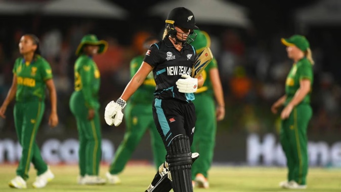 Jess Kerr of New Zealand makes her way off after being dismissed against South Africa. Photo / Getty