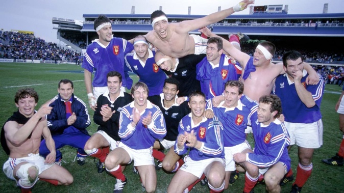 French players celebrate their win over New Zealand at Eden Park in 1994 – the last time the All Blacks lost there. Photo / Photosport