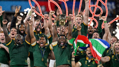South Africa's Springboks celebrate winning this year's Rugby World Cup final against the All Blacks in France. Captain Siya Kolisi raises the Webb Ellis Cup. Photo / Photosport