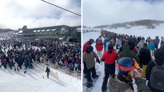'Nightmare fuel' little snow and a lot of skiers at Perisher Valley give a premonition for a hectic winter holidays at Southern Ski Fields. Picture: Tiktok/benjaminwild1