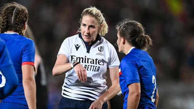 Referee Joy Neville of Ireland during the women's Rugby World Cup semifinal between France and New Zealand. Photosport