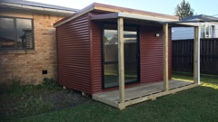 The red cabin, built by a local business, was believed to have been hoisted onto an offender’s truck with a crane by two young men. Photo / Supplied