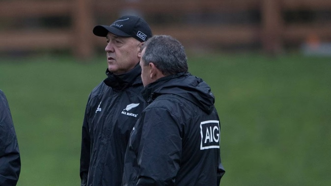 Gilbert Enoka and Ian Foster at All Blacks training session in 2018.