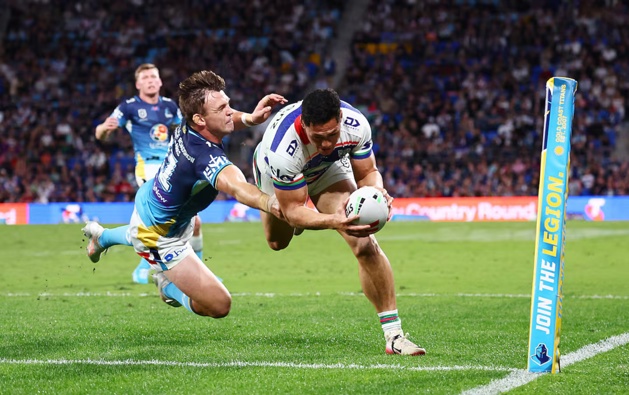 Warriors winger Roger Tuivasa-Sheck scored a first-half double against the Titans. Photo / Photosport