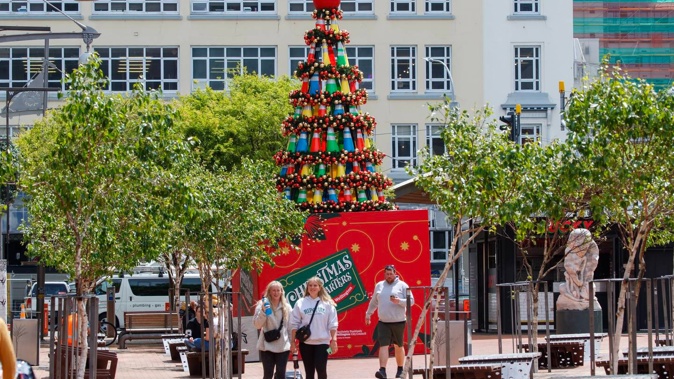 A Christmas tree in Courtenay Place made by WCC staff from colourful road cones. Photo / Mark Mitchell
