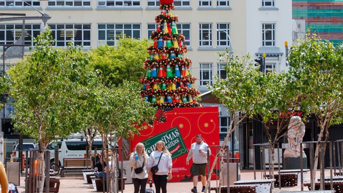 A Christmas tree in Courtenay Place made by WCC staff from colourful road cones. Photo / Mark Mitchell