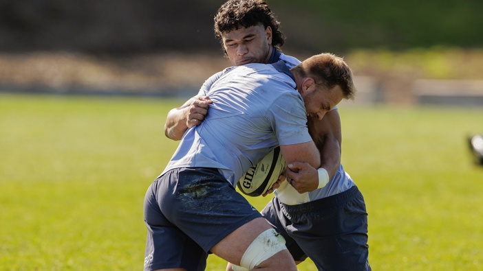 Sam Cane and Wallace Sititi during a New Zealand All Blacks training session at Mt Smart Stadium on August 13, 2024 in Auckland, New Zealand. (Photo by Dave Rowland/Getty Images)