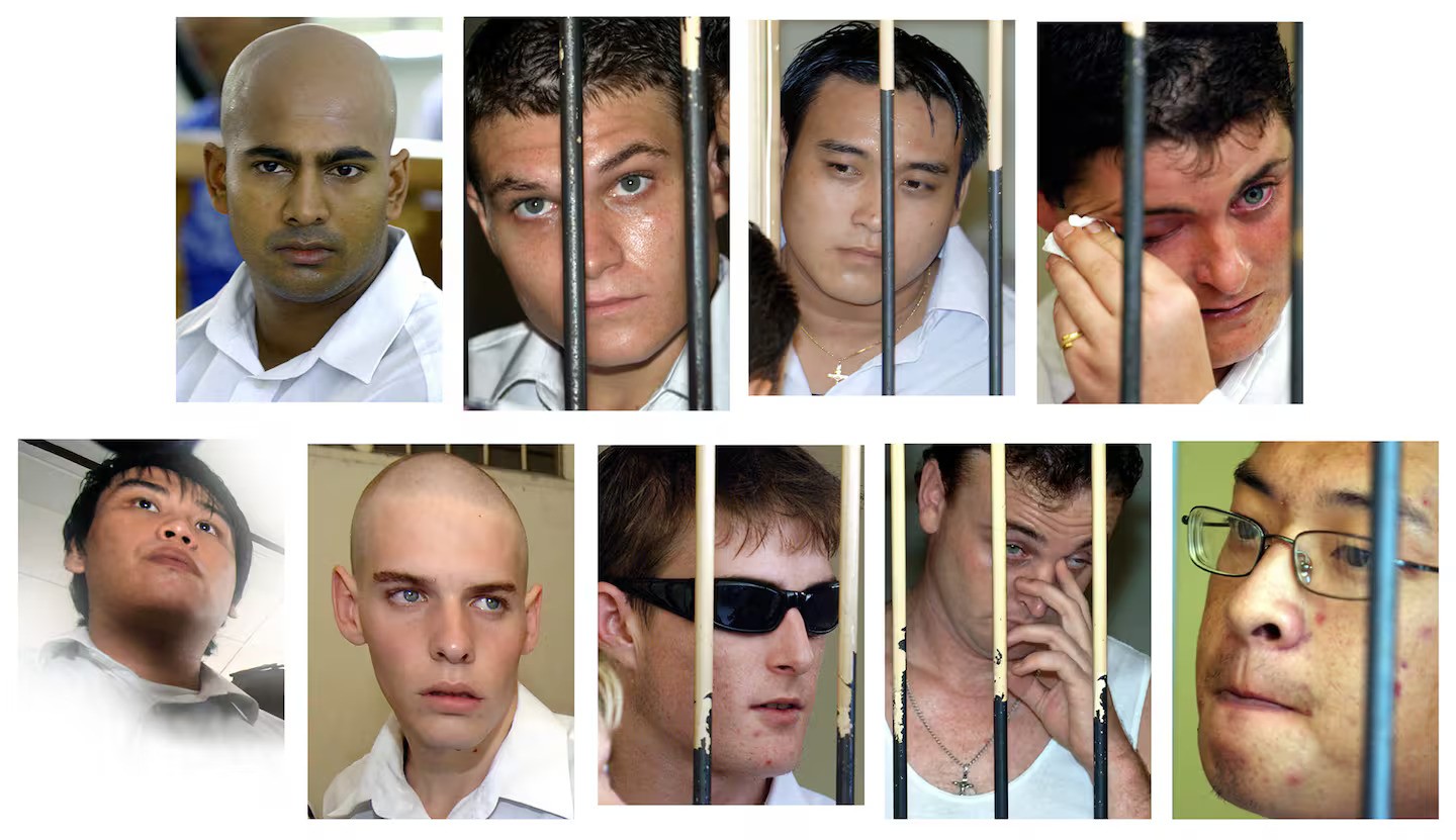 This combo shows photos taken between 13 February, 2006 and 15 February, 2006 of Australian drug smugglers knows as the "Bali Nine": (top from left) Myuran Sukumaran, Scott Rush, Tach Duc Thanh Nguyen, Renae Lawrence, and (bottom row from left) Si Yi Chen, Matthew Norman, Michael Czugaj, Martin Stephen and Andrew Chan, at various stages of their trials in Denpasar, Bali island. Photo / AFP