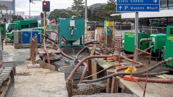 Repairs on a sinkhole after a stormwater pipe collapsed in 2021. Wellington's mayor says the city has had decades of underinvestment. Photo / Mark Mitchell