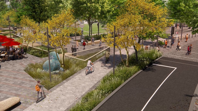 An artist impression of the transformation of the Golden Mile as part of Let's Get Wellington Moving. Image / LGWM